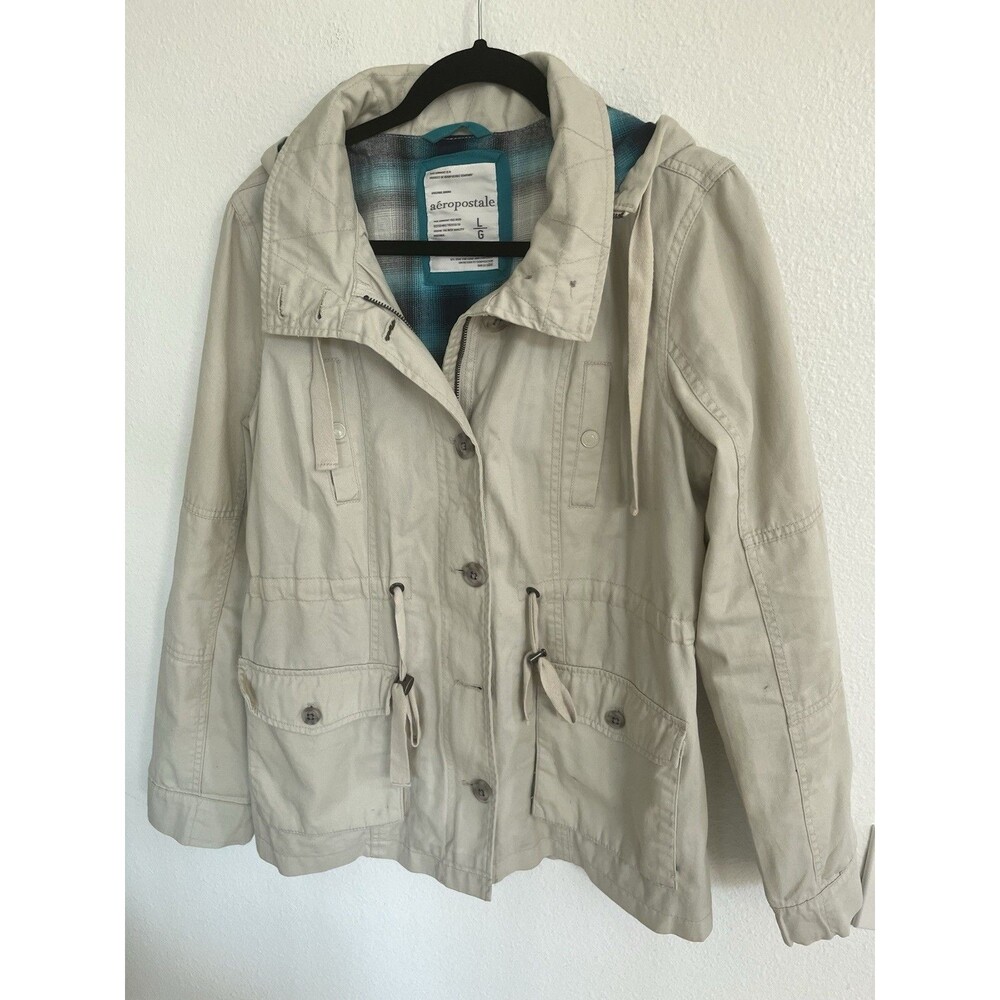 Aeropostale Plaid Lined Utility Hooded Jacket Womens L Cream Cotton Y2K Cozycore